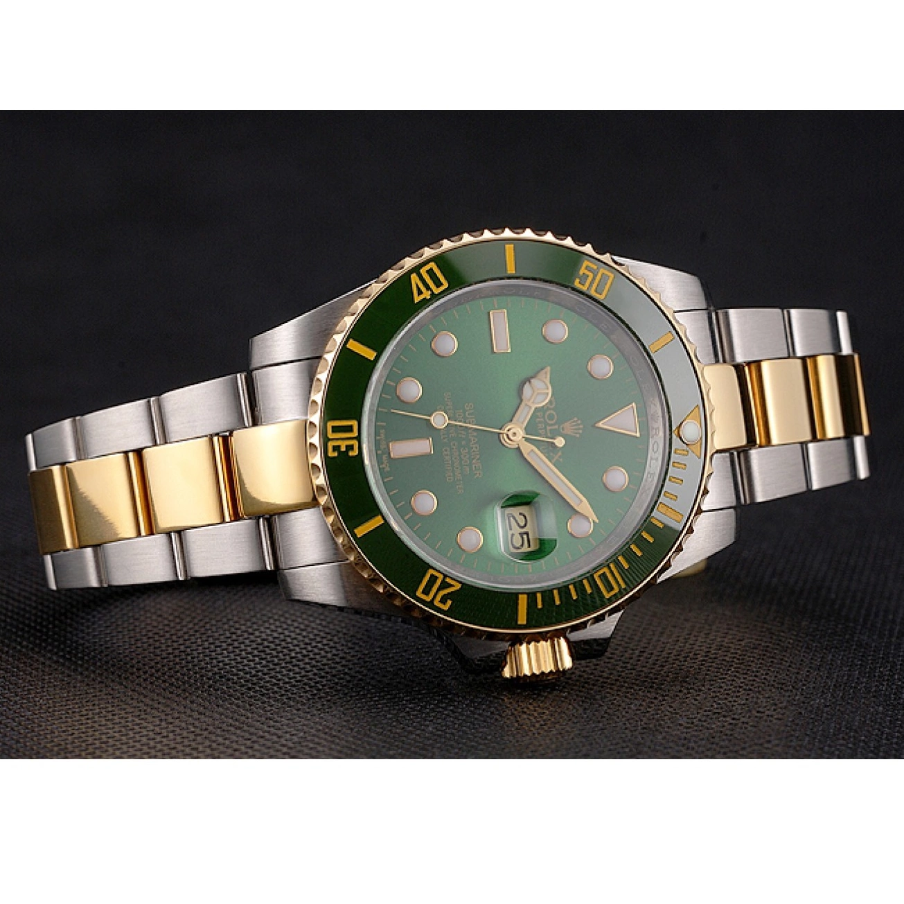 Aaa replica watch Steel Submariner Green Gold And Dial Two Bezel Rolex Swiss Tone Bracelet 0716